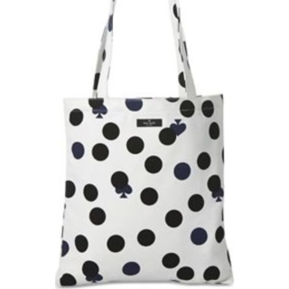 KATE SPADE NY Canvas Tote Bag White Black Polka Dots Shopping Bag - Picture 1 of 5